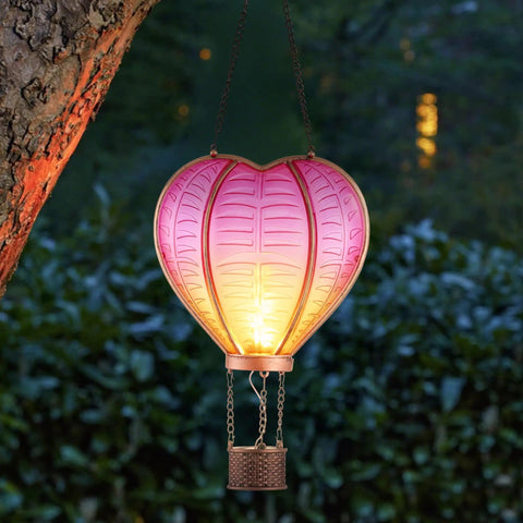 Heart Shaped Solar Lantern For Outdoor Decor Bright Hanging Light With Flickering Flame Garden Party Accent lit in pink
