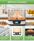 Five Tray Food Dehydrator With Seamless Seventy Two Hour Countdown And Smooth Temperature Controls For No Sweat Drying Of Fresh Herbs Garden Fruit And Quality Homemade Jerky All Day Long with hot air circulation visualization.