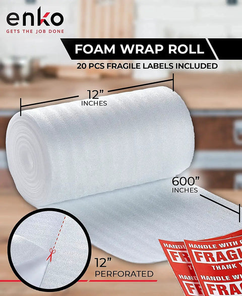 High Density Solid Foam Wrap Roll For Shipping And Moving Delivers Knockout Cushioning For Dishes Glassware And Breakables Comes With Quick Peel Fragile Labels For No Sweat Packing