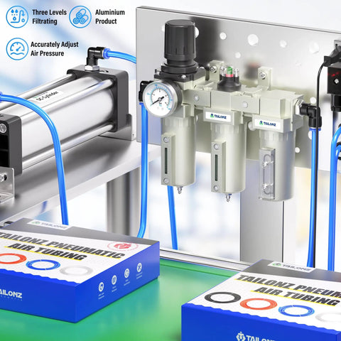 Beefy Heavy Duty 0 to 240 PSI Three Quarter Inch NPT Air Drying System With Three Stage Filtration, Desiccant Dryer, Coalescing Filter, Regulator And Manual Drain For Your Compressed Air Lines installed in industrial setup