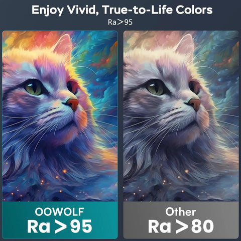 Comparison of vivid true-to-life colors with Ra>95 and Ra>80 showcasing color accuracy in CRI 95 reading lamps.