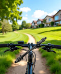 Bike handlebars perspective on sunny path with homes, showcasing cycling environment for Beef Up Your Ride With This 190mm Black Bike Axle.