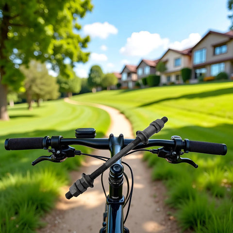 Bike handlebars perspective on sunny path with homes, showcasing cycling environment for Beef Up Your Ride With This 190mm Black Bike Axle.