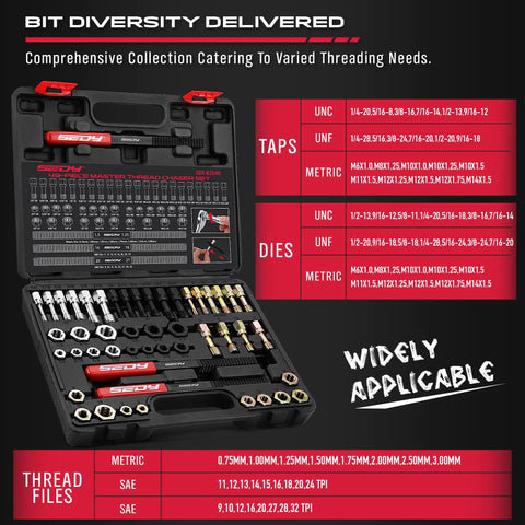 Thread repair thread chaser set, 49-piece in a black case with red latches, taps and dies for metric/SAE threads