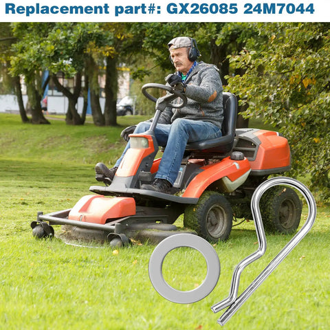 Man mowing lawn with tractor, inset showing 8Pcs Spring Locking Pin Set For Riding Lawn Tractors Beefy Cotter Hitch Clips.