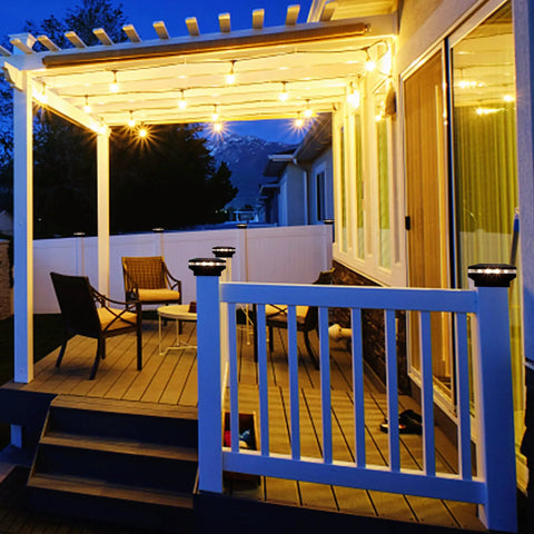 Deck with Two Pack Solar Post Cap Lights, Outdoor Decorative Black Shell Caps Fit 4x4 5x5 6x6 Wood Or Vinyl Posts, warm white LED lighting
