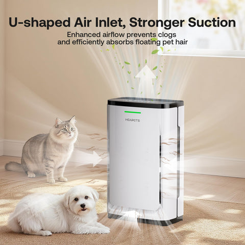 Large Pet Air Purifier For Homes Up To 4200 Sq Ft With 7 Stage H13 HEPA Filter, absorbs pet hair in bright room with cats and dogs