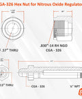 Technical diagram of CGA-326 hex nut for nitrous oxide regulators, dimensions including .830-14 RH NGO and 3.5-inch length shown.
