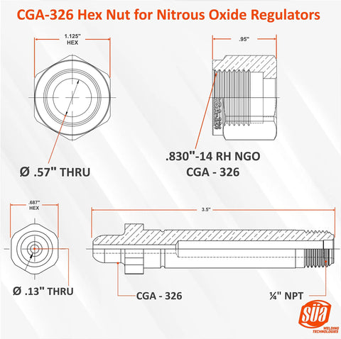 Technical diagram of CGA-326 hex nut for nitrous oxide regulators, dimensions including .830-14 RH NGO and 3.5-inch length shown.