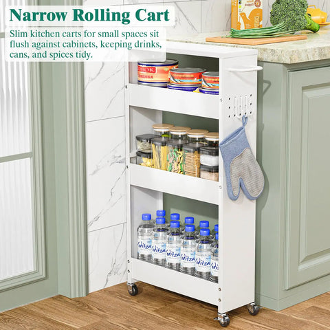 Slim 4 Tier Rolling Storage Cart For Tiny Spaces Space Saver Narrow Metal Utility Cart On Wheels With Handle, White Kitchen