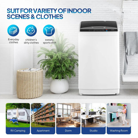 Portable Washing Machine 25LB Fully Automatic Washer Spin Dryer Combo with stainless steel drum, designed for various indoor laundry scenes.