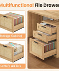 60 Inch Electric Standing Desk With Solid Oak Surface And Rustic Rattan Frame For Home Office featuring file drawers with colorful files.