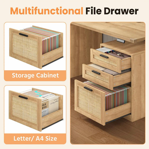 60 Inch Electric Standing Desk With Solid Oak Surface And Rustic Rattan Frame For Home Office featuring file drawers with colorful files.