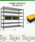 Beefed Up Storage Shelves With Adjustable Height, 3840 Lbs Capacity shown with measurements and large storage bins