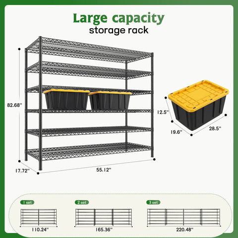 Beefed Up Storage Shelves With Adjustable Height, 3840 Lbs Capacity shown with measurements and large storage bins