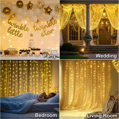 Warm White Curtain Lights For Bedroom 300 LEDs 9.8Ft By 9.8Ft Window Fairy Curtain String Light with 16 Hooks for home decor