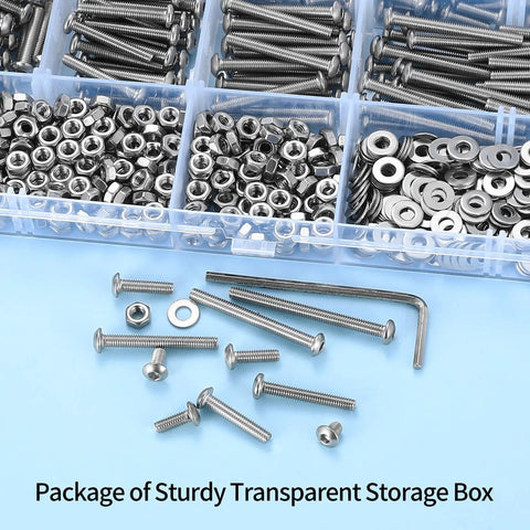 1050 Pcs M3 Screws Kit Pro Grade Stainless Steel Button Head Socket Cap Screws Nuts Washers And Bolts Assortment Fully Threaded Machine Screws Set Gear Up For DIY Projects Electronics Repairs And Hobby Builds in a transparent storage box