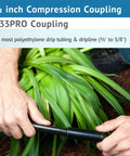 ½-inch compression coupling, black plastic, for poly drip irrigation tubing; hands installing on tubing.