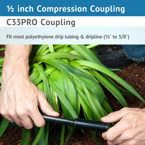 ½-inch compression coupling, black plastic, for poly drip irrigation tubing; hands installing on tubing.