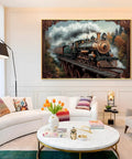 Old School Steampunk Steam Train Canvas Wall Art With Black Framed Finish Antique Locomotive Poster for living room decor.