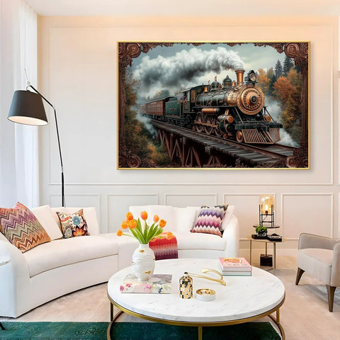 Old School Steampunk Steam Train Canvas Wall Art With Black Framed Finish Antique Locomotive Poster for living room decor.