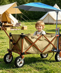 Super Lightweight Clip On Chair Parasol With Heavy Duty Universal Clamp UPF 50 Plus UV Protection Portable on a kid's wagon.