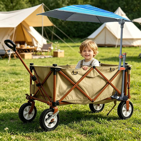 Super Lightweight Clip On Chair Parasol With Heavy Duty Universal Clamp UPF 50 Plus UV Protection Portable on a kid's wagon.