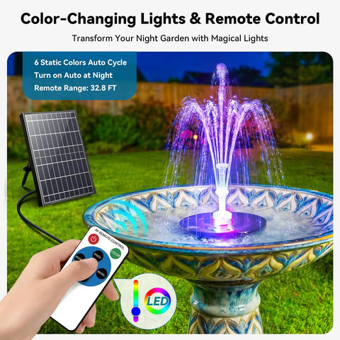 12W Solar Fountain Pump With Battery Backup And Remote RGB LED Lights Floating in Bird Bath with Solar Panel