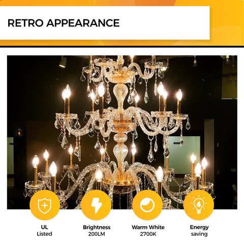 Chandelier with 25W Dimmable Candelabra LED Bulbs 90 Plus CRI 200 Lumen Soft Warm White 2700K E12 B10 Candle Shape UL Listed