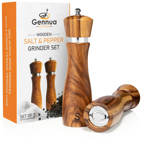 Wooden Salt And Pepper Grinder Set Refillable Mills With Adjustable Coarseness Crafted From Solid Acacia Wood With Ceramic Core
