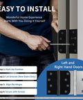 Top Notch Four Inch Ball Bearing Door Hinges In Deep Matte Black With Full Fastener Kit For Buttery Smooth Heavy Duty Exterior Gate and Fence Swing Install featuring installation steps beside hinges.