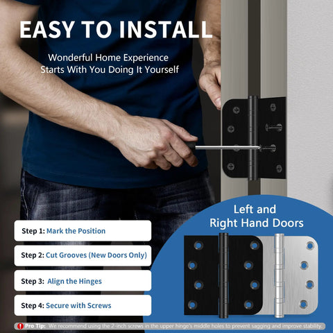 Top Notch Four Inch Ball Bearing Door Hinges In Deep Matte Black With Full Fastener Kit For Buttery Smooth Heavy Duty Exterior Gate and Fence Swing Install featuring installation steps beside hinges.