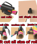 Smooth As Butter Rotary Wrapping Paper Cutter With Three Quick Swap Blades For Dead Simple Gift Roll Slicing And Straight Fire Holiday Craft Supplies Pro Grade Desktop Stationery Tool showing cuts for various roll sizes.
