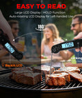 Ultra Fast Pro Grade Meat Thermometer With Thermocouple Sensor Instant Read In Under 1 Second And Half Degree Fahrenheit Accuracy Waterproof Digital Kitchen Thermometer For Cooking BBQ Grilling And Smoking Gift For Him Dad Birthday in use on grill, showing temperature of steaks