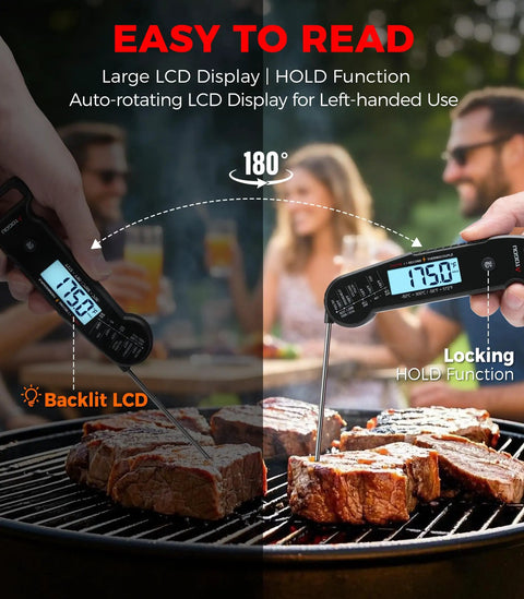 Ultra Fast Pro Grade Meat Thermometer With Thermocouple Sensor Instant Read In Under 1 Second And Half Degree Fahrenheit Accuracy Waterproof Digital Kitchen Thermometer For Cooking BBQ Grilling And Smoking Gift For Him Dad Birthday in use on grill, showing temperature of steaks
