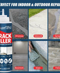 DIY Concrete Crack Filler And Sealant Powder for Quick Repair of Cracks in Walls, Floors, and Driveways, shown with usage examples.