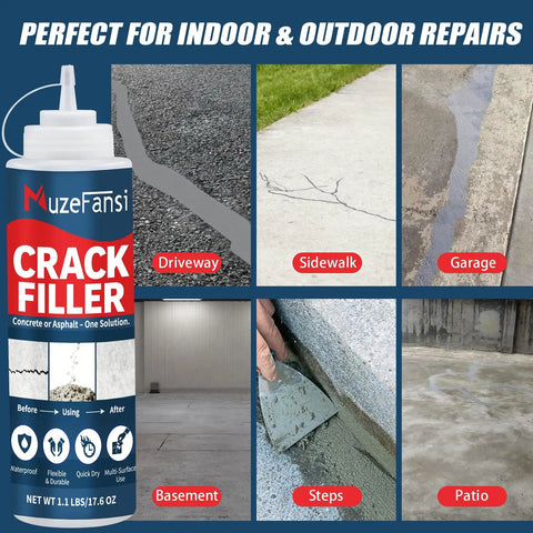 DIY Concrete Crack Filler And Sealant Powder for Quick Repair of Cracks in Walls, Floors, and Driveways, shown with usage examples.