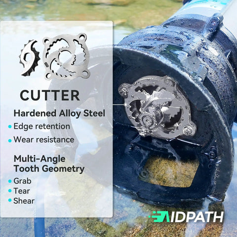 Close-up of 1HP Submersible Sewage Grinder Pump with Dual Stage Grinding, stainless steel cutter detail, in water, 2 Inch NPT Discharge.