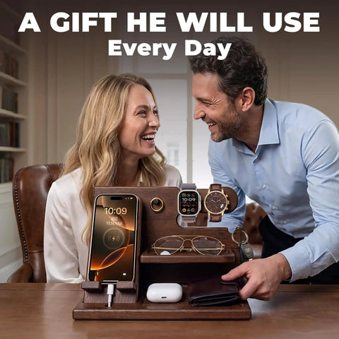 Solid Wood Phone Docking Station And Organizer For Men, Charging Stand with keys and watches, great gift for husband