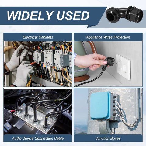 2 Pcs M25 Cable Gland Set 90 Degree Nylon Elbow Joint IP68 Waterproof Spiral Adjustable Cord Connector with gaskets shown in multiple installation scenarios for 13 to 18 mm wires in various electrical settings.