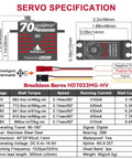 Specifications of Beefed Up Direct Powered Waterproof High Torque RC Servo 70KgCm 966 Oz In with all metal gears and 180-degree steering.