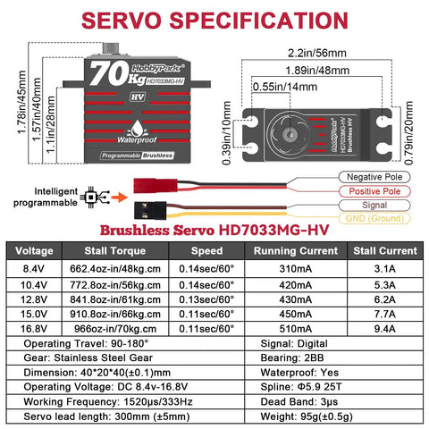 Specifications of Beefed Up Direct Powered Waterproof High Torque RC Servo 70KgCm 966 Oz In with all metal gears and 180-degree steering.