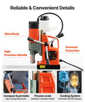Job Site Ready 1400W Magnetic Drill Press With Two Inch Boring Range And Smooth Variable Zero Through Eight Hundred Rpm Control Paired With Rock Solid Hold Base Plus Weldon Shank For Steel Tasks showing metal body and precision spindle details.