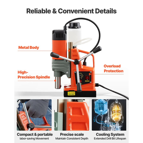 Heavy Hitter 1400W Magnetic Drill Press with metal body, high-precision spindle, and compact design for efficient drilling.