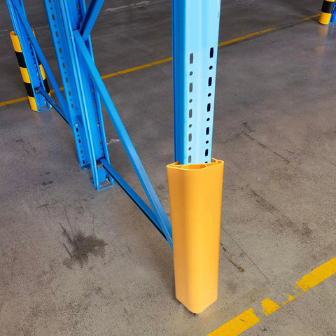 Built Tough Bright Yellow Column Protectors For Parking Garages And Warehouses Durable Pvc Square Post Guards With All Weather Armor 10 Pack mounted on a blue racking system.