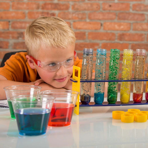 Child with Large Plastic Test Tubes and Rack Set With Six Bottles Kid Friendly Science Experiments Durable Clear Lab Kit
