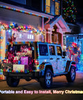 2 Pack Battery Operated Outdoor String Lights With 8 Modes decorating SUV and house in colorful Christmas display.