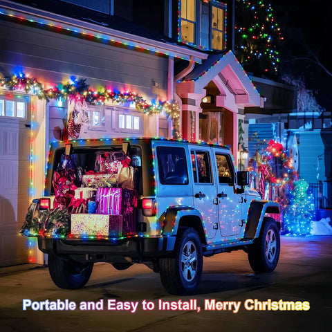 2 Pack Battery Operated Outdoor String Lights With 8 Modes decorating SUV and house in colorful Christmas display.