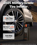 Straight Fire Heavy Duty Cordless Tire Inflator With Analog Pressure Gauge 150 Psi, 76W motor by car tire on road.