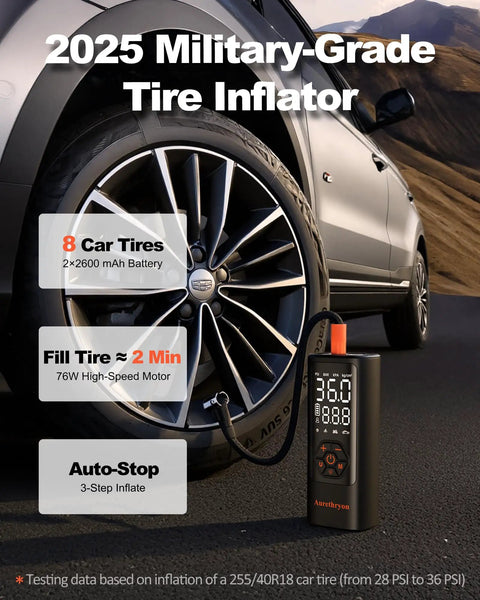 Straight Fire Heavy Duty Cordless Tire Inflator With Analog Pressure Gauge 150 Psi, 76W motor by car tire on road.